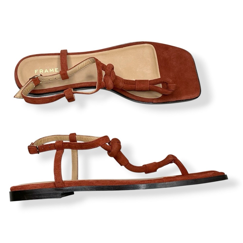 FRAME Sandals Women 38.5/US 8 Orange T-Strap Suede Leather Le Lunit Square Toe